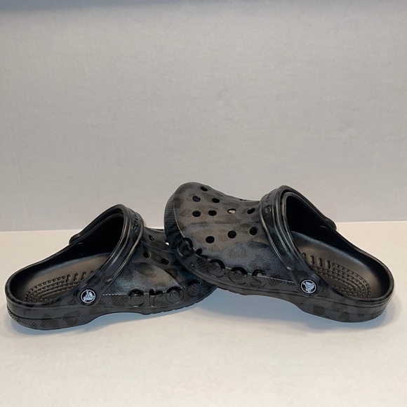 black crocs with leopard fur